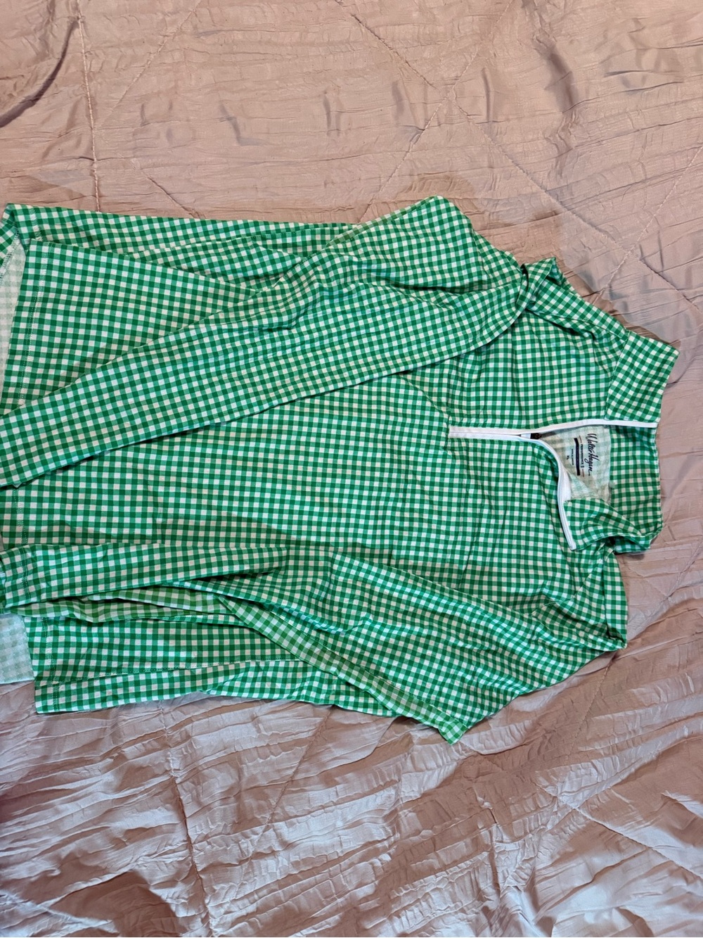 Walter Hagen Green and White Gingham Zip-Front Shirt